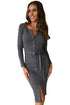 Gray Long Sleeve Button Down Midi Dress with Sash Belt